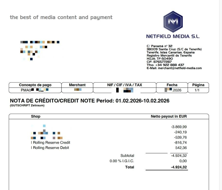 Settlement Payment Abrechnung mit Gebühren und Rolling Reserve